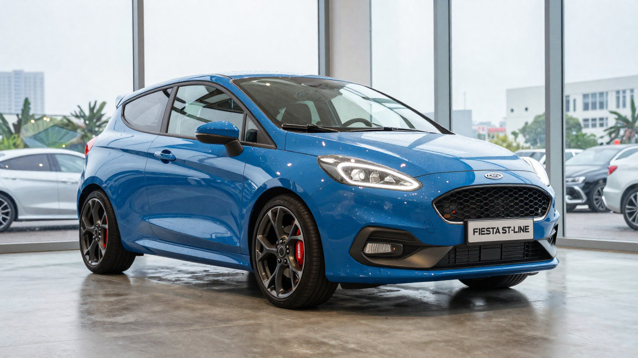 Carro desportivo Ford Fiesta ST-Line azul estacionado em showroom com jantes escuras e ambiente moderno.