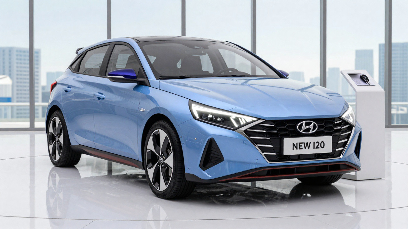 Carro Hyundai i20 azul estacionado em interior branco com grandes janelas e vista urbana de prédios.