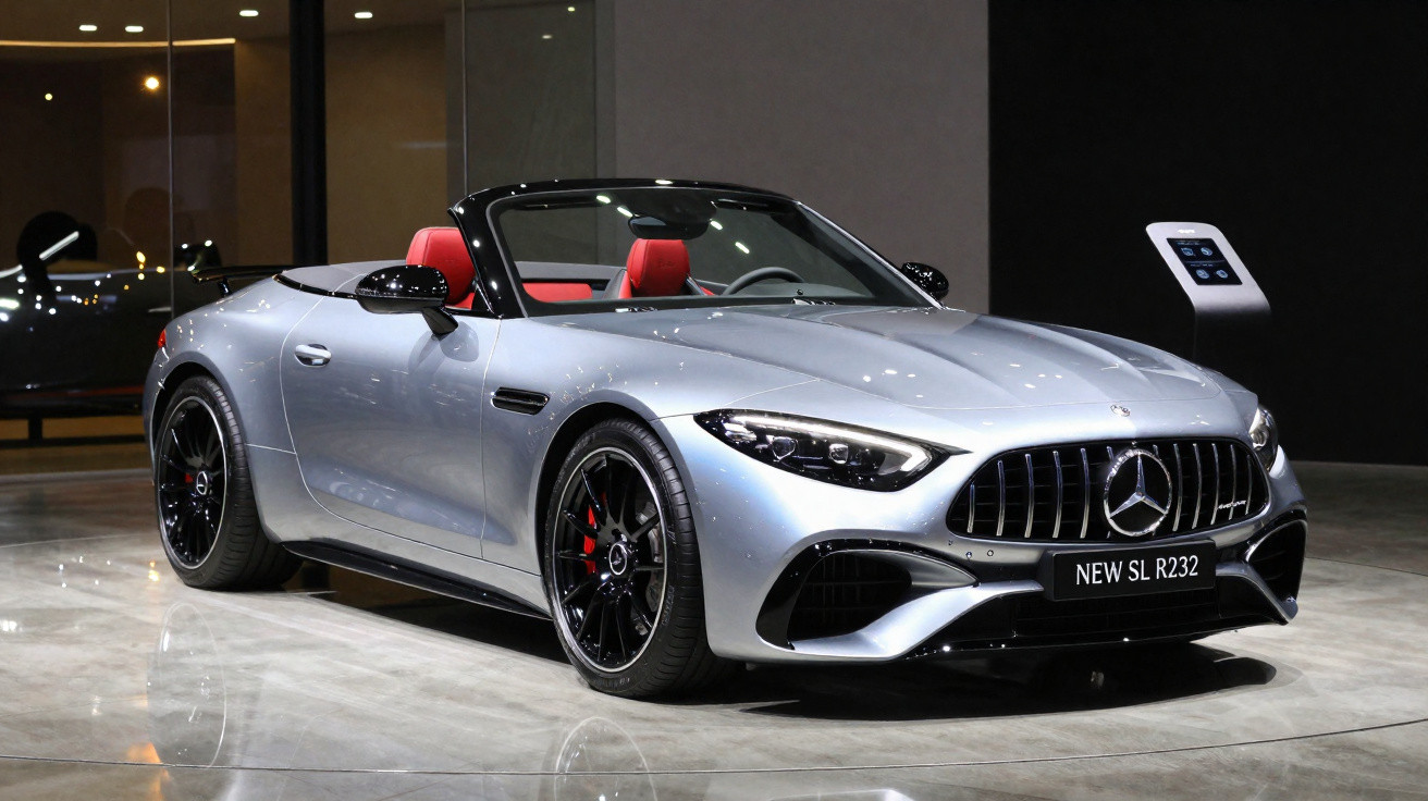 Carro desportivo Mercedes-Benz conversível cinza com interior vermelho em exposição.
