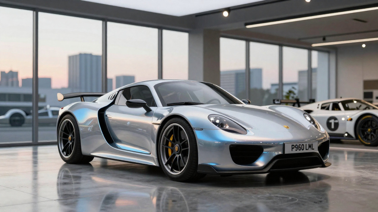 Carro desportivo Porsche 918 Spyder cinza metálico num showroom moderno com janelas grandes.