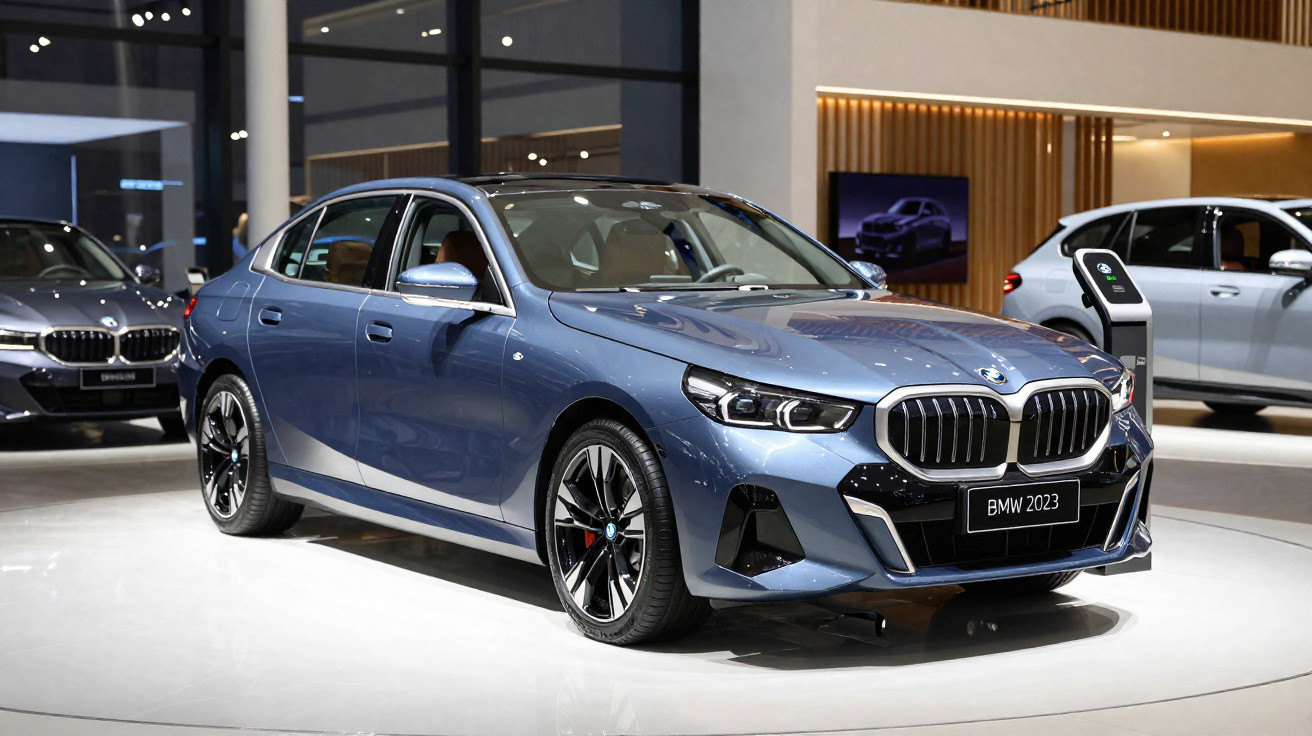 BMW 2023 azul exposto em stand com design moderno e faróis dianteiros elegantes.