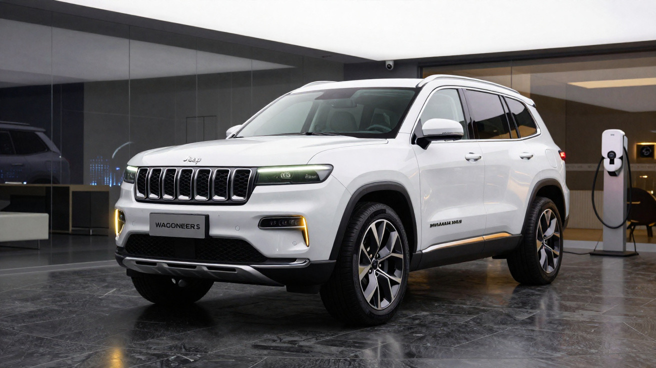 SUV branco Jeep Wagoneer estático num interior moderno próximo de um poste de carregamento elétrico.