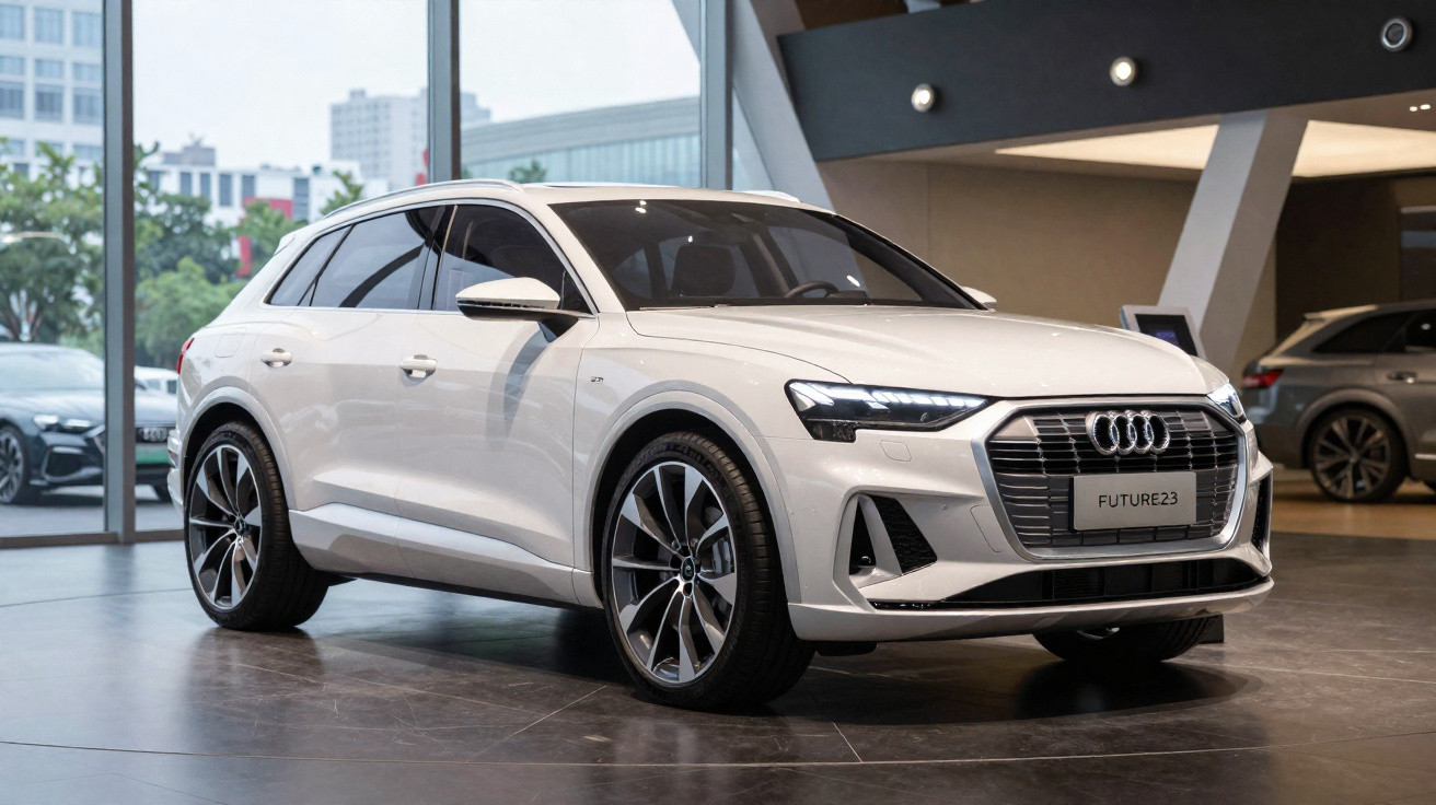 Carro Audi branco modelo SUV exposto em interior moderno com janelas grandes e luz natural.