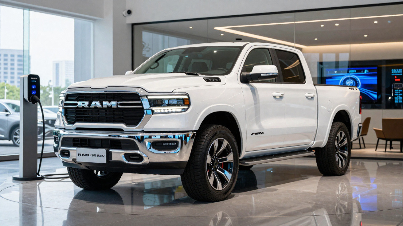 Picape elétrica branca RAM 1500 REV estacionada numa sala de exposição moderna com carregador elétrico.