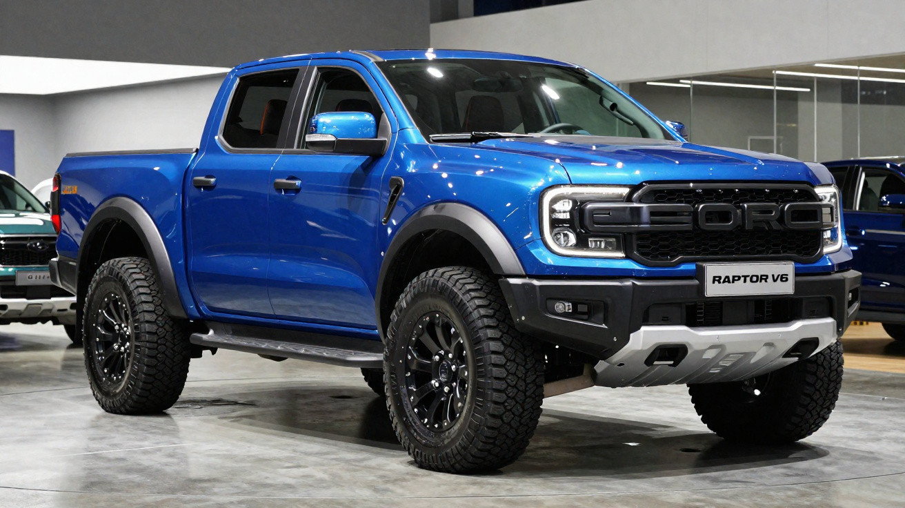 Pick-up azul Ford Raptor V6 em exposição num espaço interior moderno.