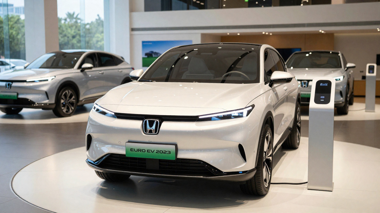 Carro elétrico branco Honda em exposição, ligado a um carregador dentro de um showroom moderno.