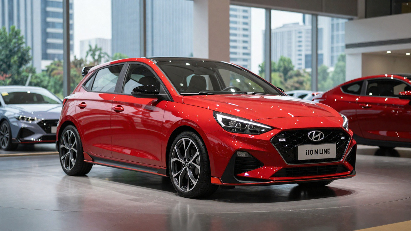 Carro Hyundai i10 N Line vermelho exposto num salão moderno com vidros e outros carros ao fundo.