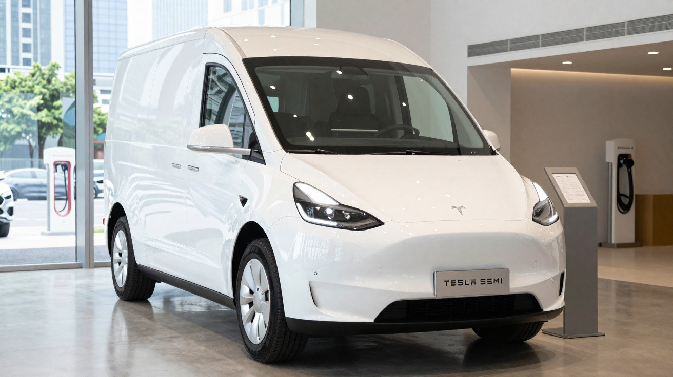 Veículo comercial elétrico branco Tesla Semi estacionado em showroom com carregador elétrico ao fundo.