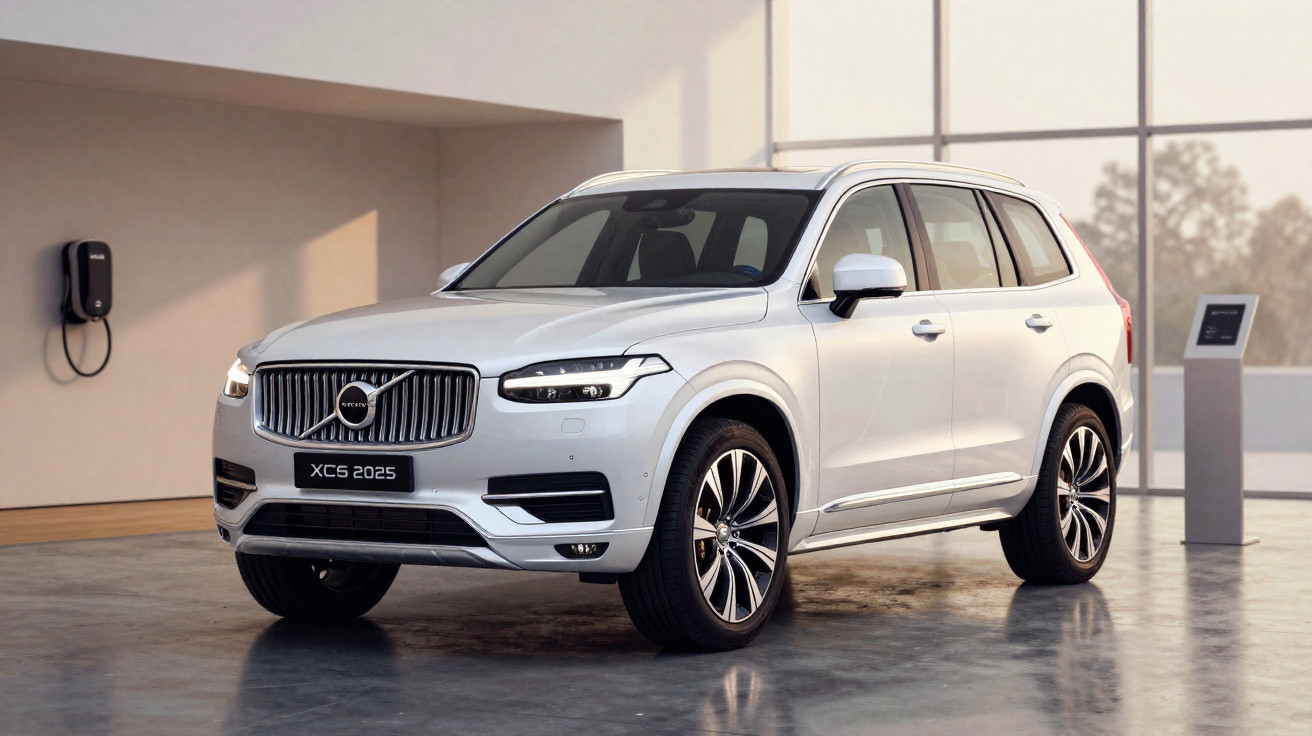 Carro Volvo XC90 branco moderno, estacionado em espaço interior com piso brilhante e parede de vidro.