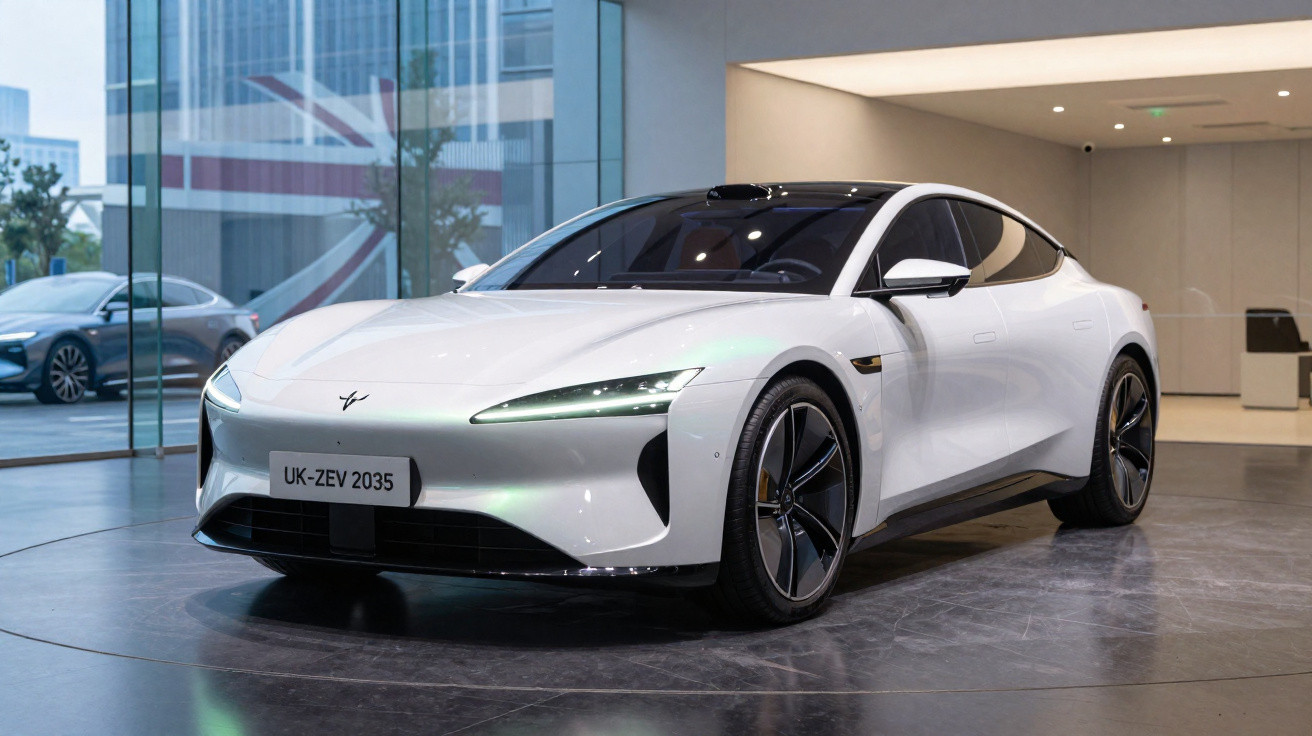 Carro elétrico desportivo branco estacionado num showroom com janelas grandes e bandeira do Reino Unido ao fundo.