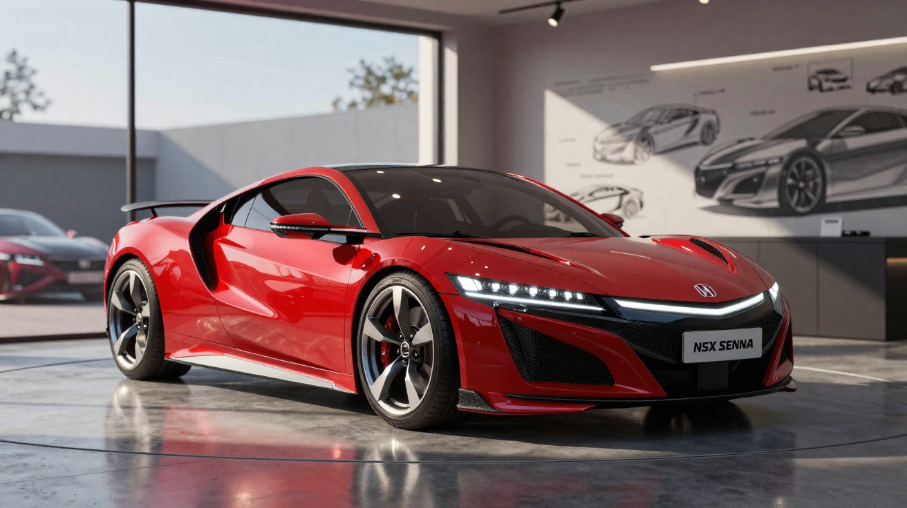 Carro desportivo Honda NSX Senna vermelho numa exposição com iluminação interior.