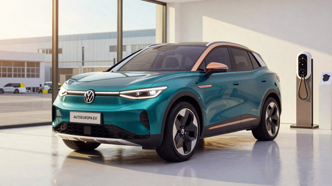 Carro elétrico Volkswagen SUV azul turquesa estacionado junto a posto de carregamento interior moderno.