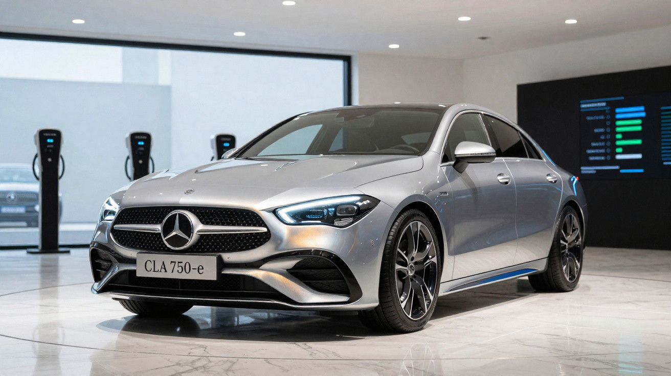 Mercedes-Benz CLA 750-e cinzento exposto em sala iluminada com chão em mármore branco.