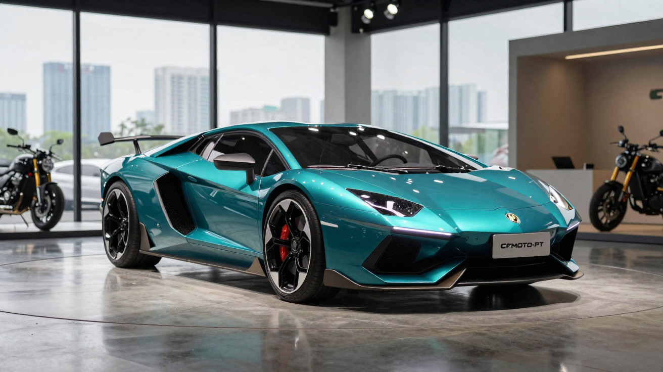 Carro desportivo azul metálico exposto em salão moderno com motos e vista urbana ao fundo.