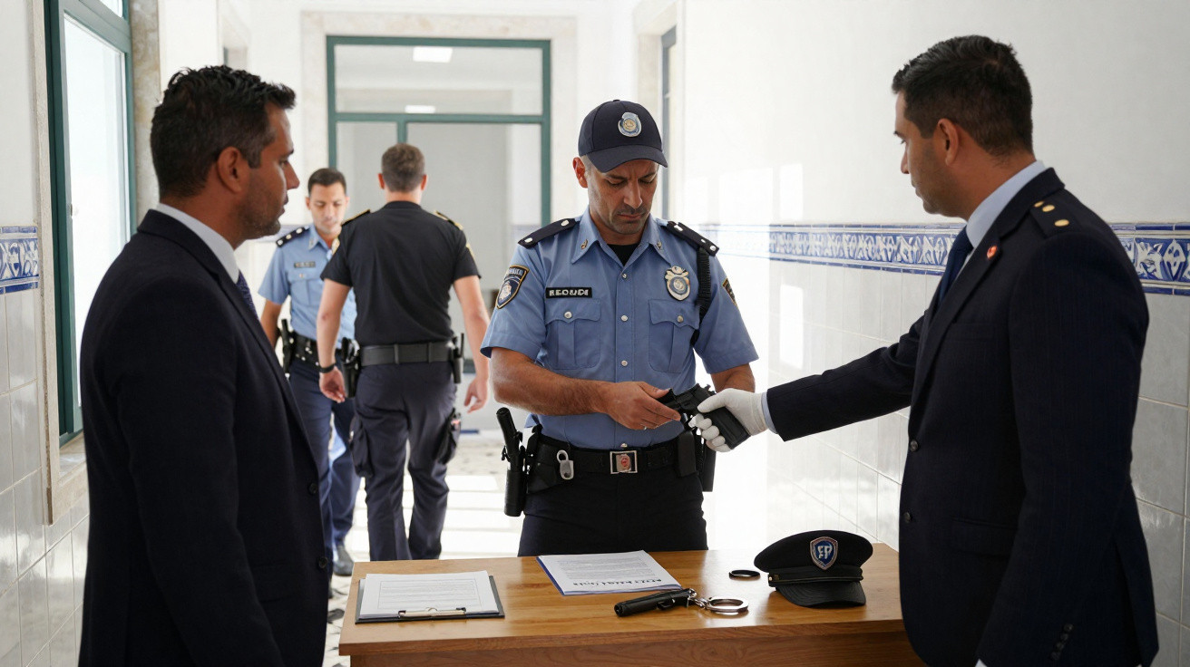 Polícia e forense manuseiam arma numa sala com dois outros polícias ao fundo.
