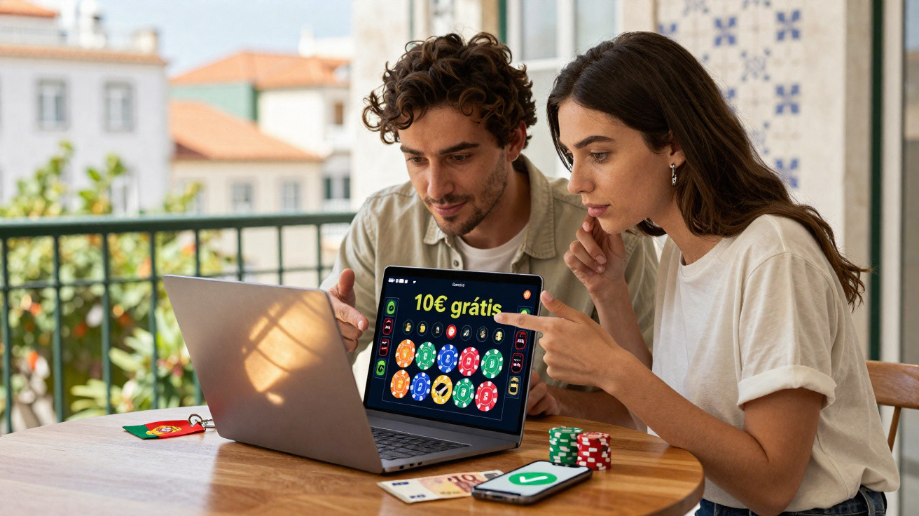 Casal sentado em mesa com computador a mostrar oferta de 10€ grátis em jogo de casino online.