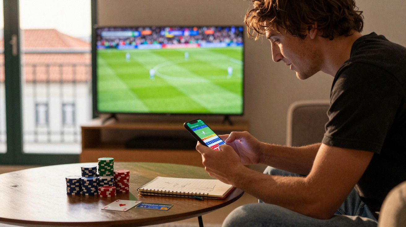 Jovem a usar telemóvel sentado no sofá, com cartas e fichas de poker na mesa e jogo de futebol na TV.