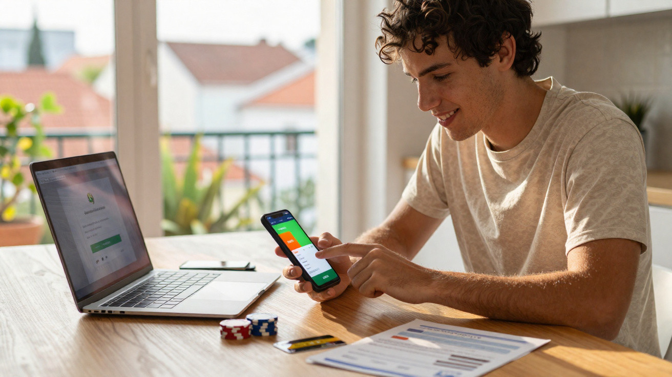 Jovem sentado a trabalhar com portátil e a usar smartphone num ambiente luminoso e descontraído em casa.