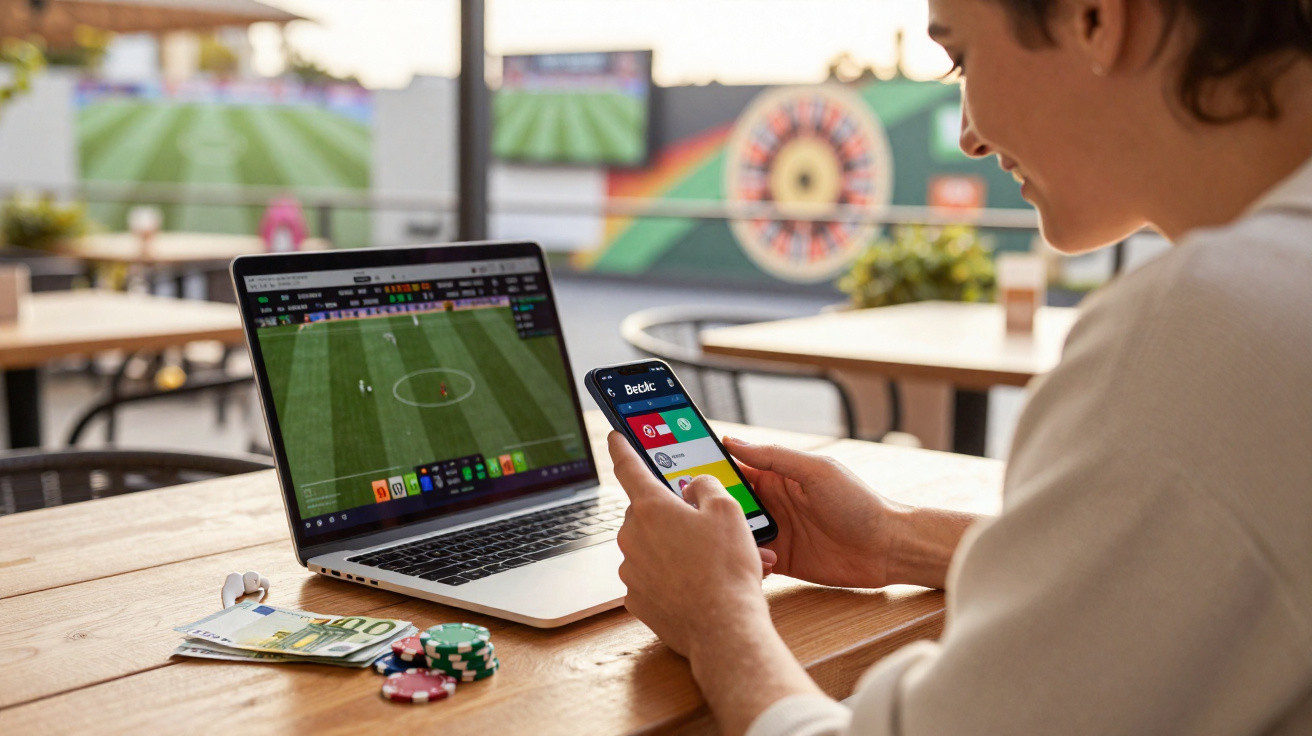 Pessoa a apostar num jogo de futebol online num portátil e smartphone numa mesa com fichas e dinheiro.