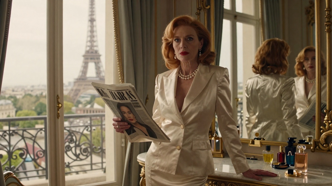 Mulher elegante de cabelo vermelho segura jornal num quarto com vista para a Torre Eiffel em Paris.