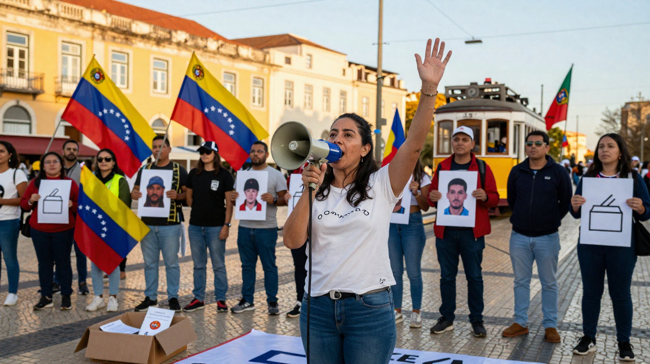 Mulher fala ao megafone em protesto com grupo e bandeiras na praça de uma cidade.