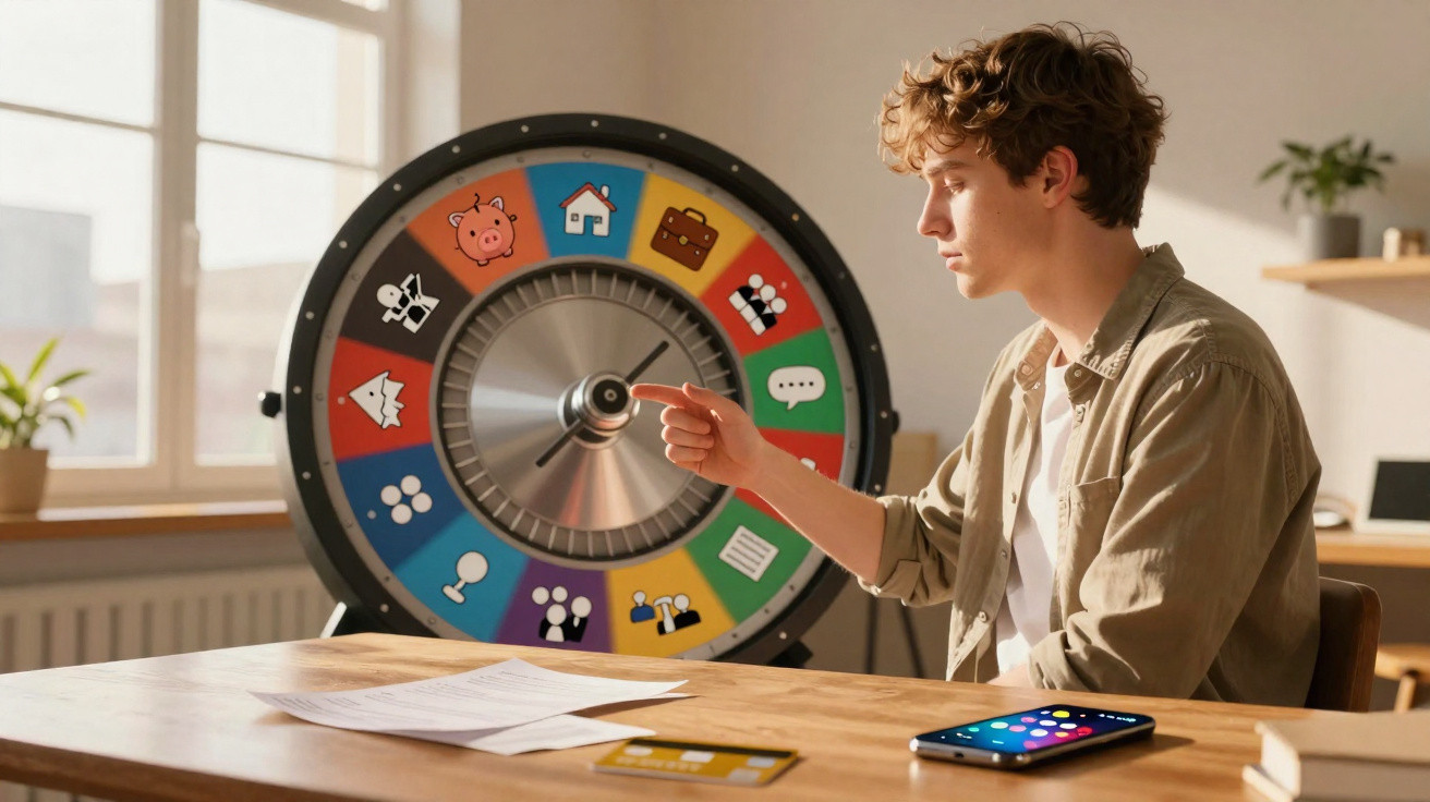 Jovem aponta para uma roda da sorte colorida numa sala clara com mesa e telemóvel.