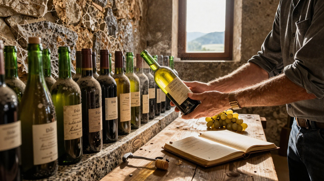Pessoa a segurar uma garrafa de vinho numa adega rústica com várias garrafas alinhadas e cacho de uvas.
