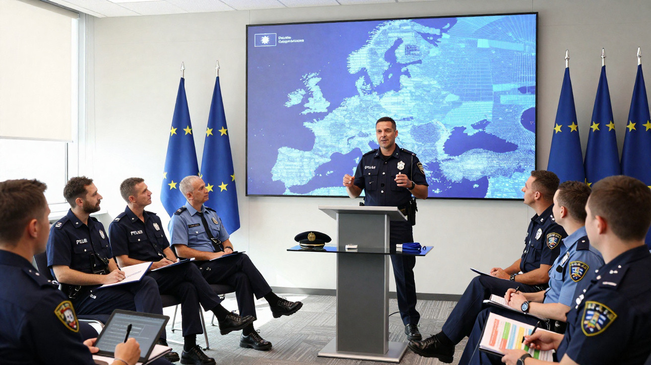 Agentes da polícia reunidos em sala com bandeiras da UE, durante apresentação com mapa da Europa projetado.