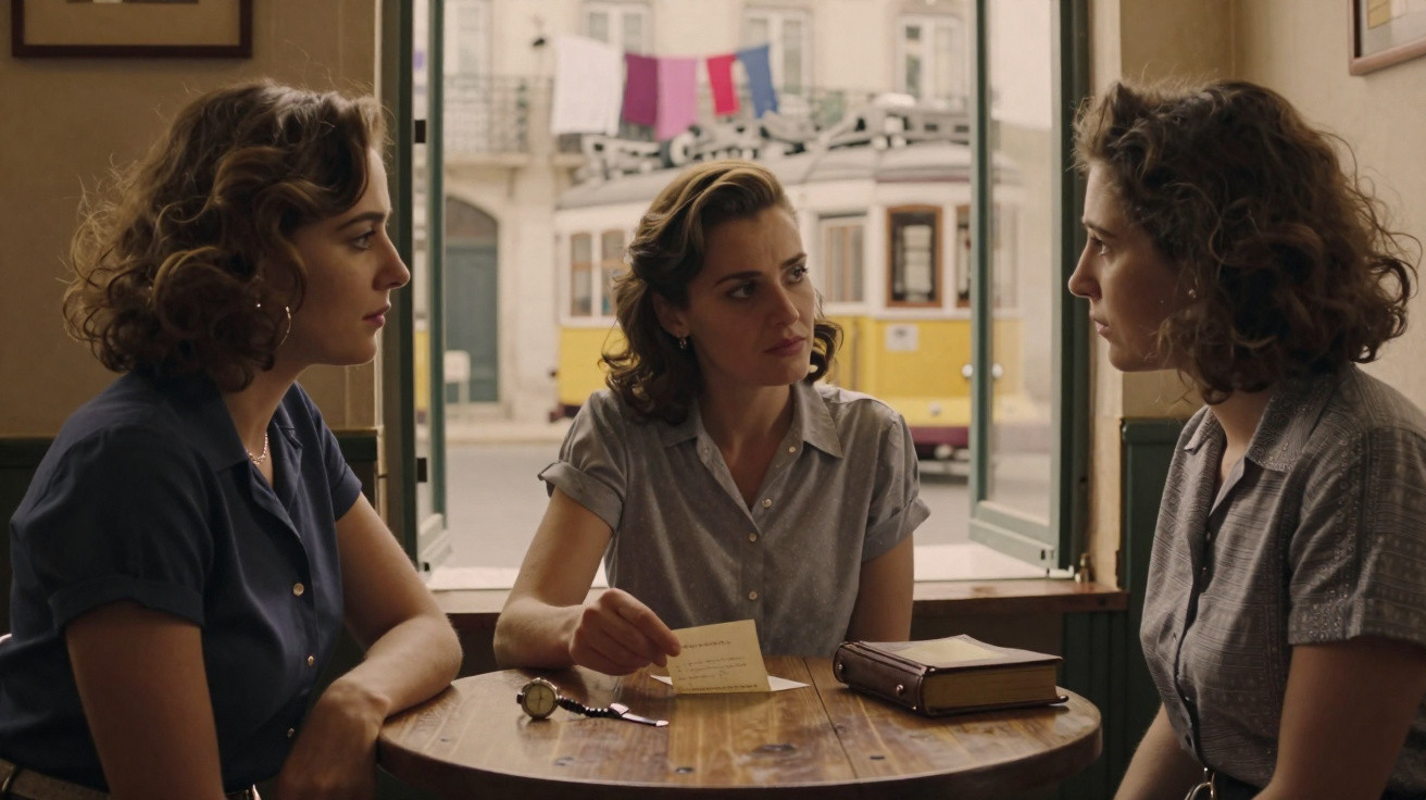 Três mulheres sentadas à mesa de um café em conversa, com elétrico amarelo e prédio ao fundo.