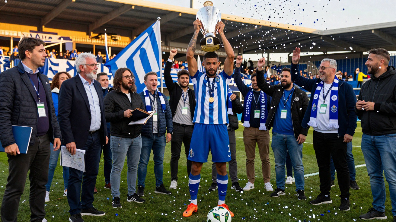 Jogador do FC Porto ergue troféu de campeão rodeado por adeptos no estádio com confetes no ar.