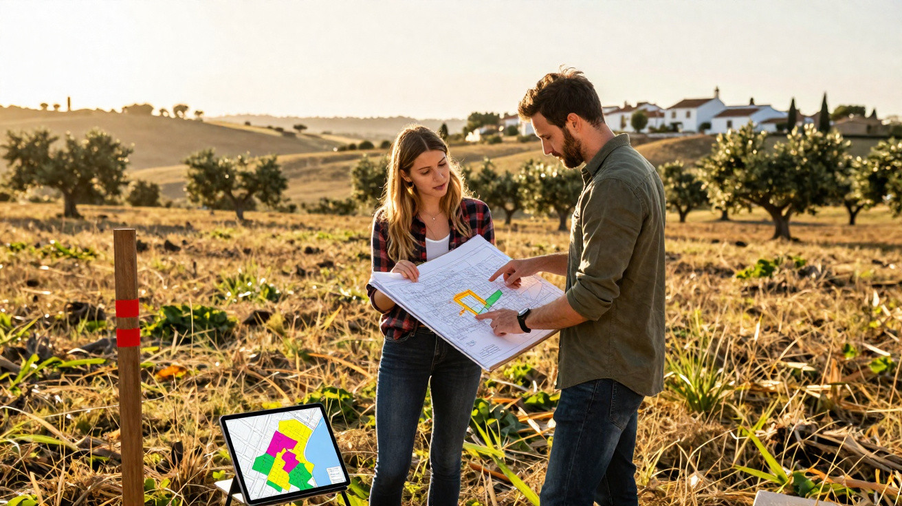 Três pessoas analisam um plano de construção num terreno agrícola ao ar livre durante o dia.