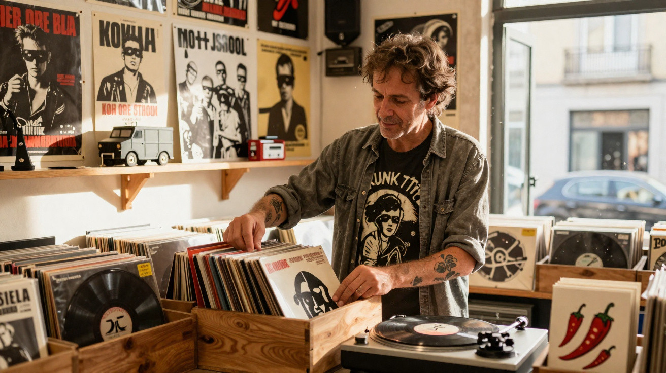 Homem com barba e tatuagens a folhear discos em loja de vinil com posters de música na parede.