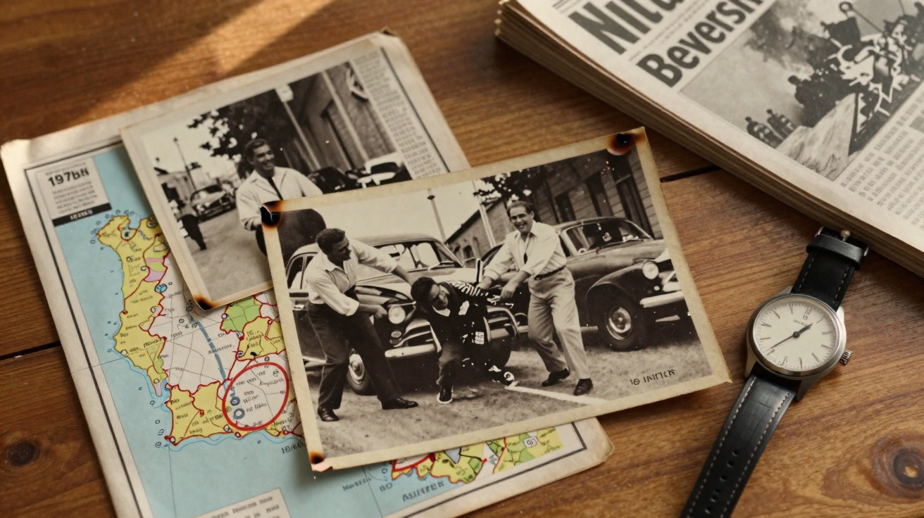 Relógio, mapa, fotografia antiga de dois homens junto a carro clássico e jornal sobre mesa de madeira.