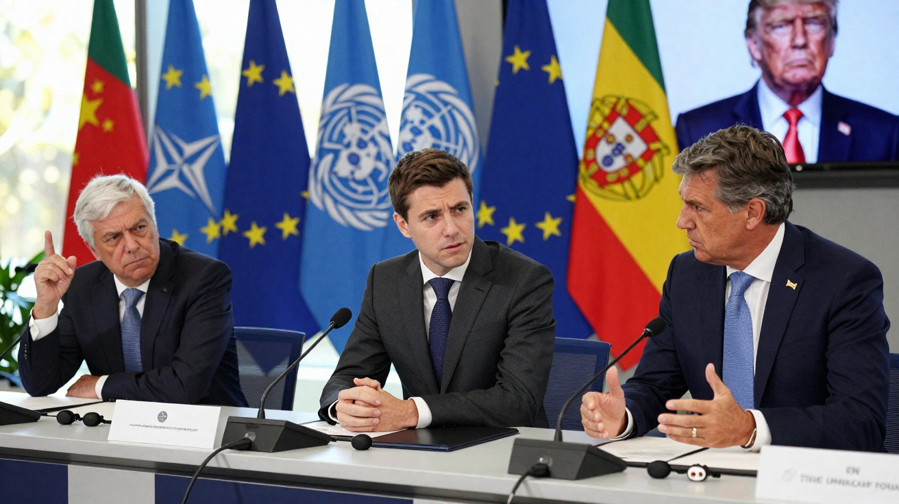 Três homens de terno discutem em conferência com bandeiras da UE, ONU, NATO e Portugal ao fundo.