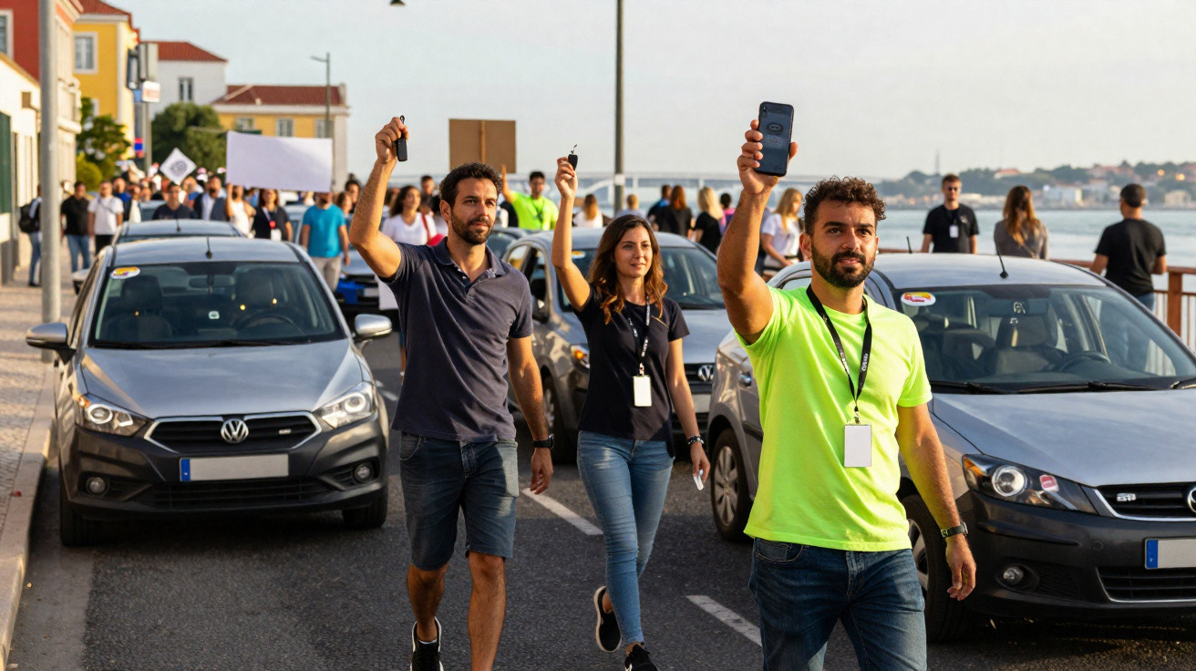 Grupo de pessoas em manifestação pacífica numa rua, algumas seguram cartazes e um homem tira foto com telemóvel.