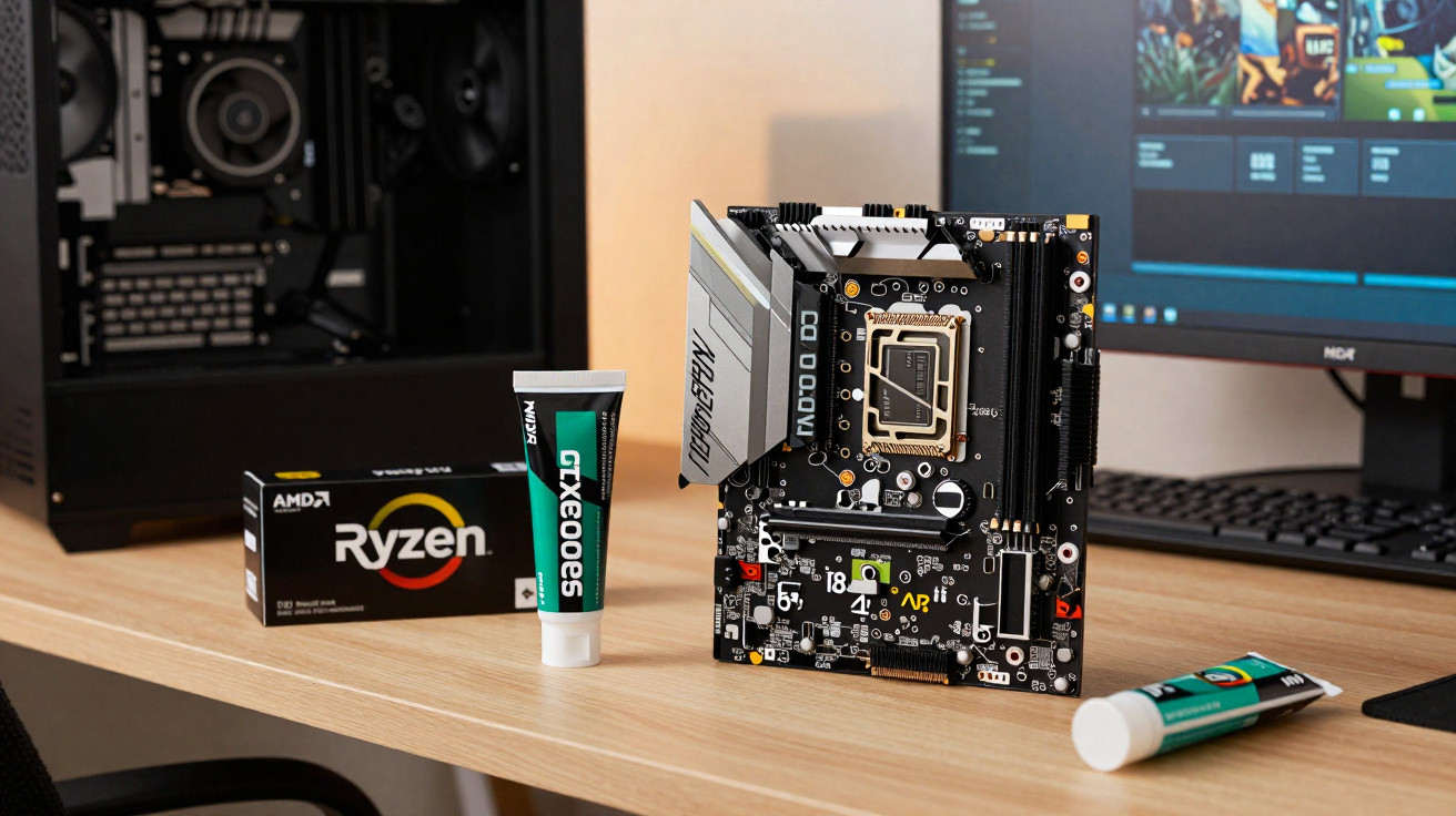 Mesa com duas memórias RAM Patriot, caixa da AMD Ryzen X3D, computador em funcionamento e monitor ligado.