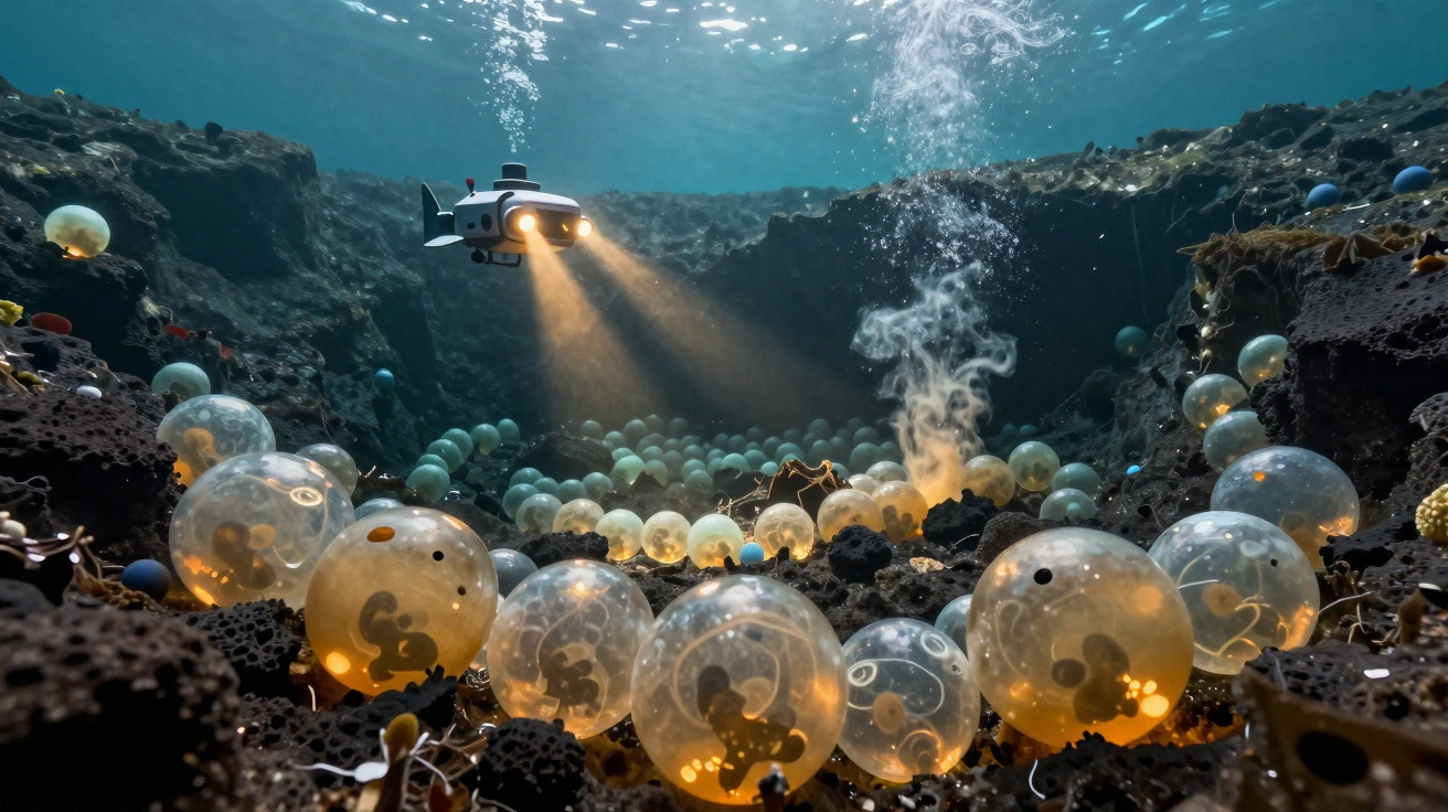 Veículo subaquático iluminando ovos transparentes com embriões em fundo oceânico rochoso e fumegante.