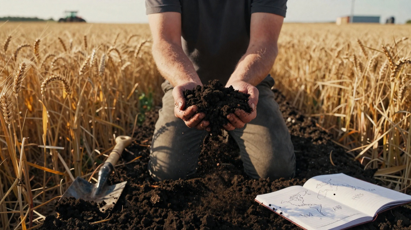 Homem ajoelhado segurando terra fértil num campo de trigo com pá e caderno abertos ao lado.