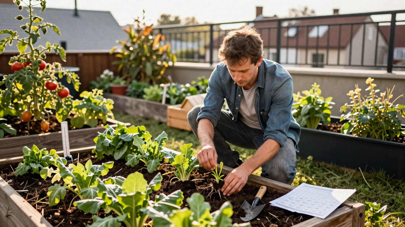 Homem a transplantar planta num jardim urbano com várias hortícolas em vasos e canteiros.