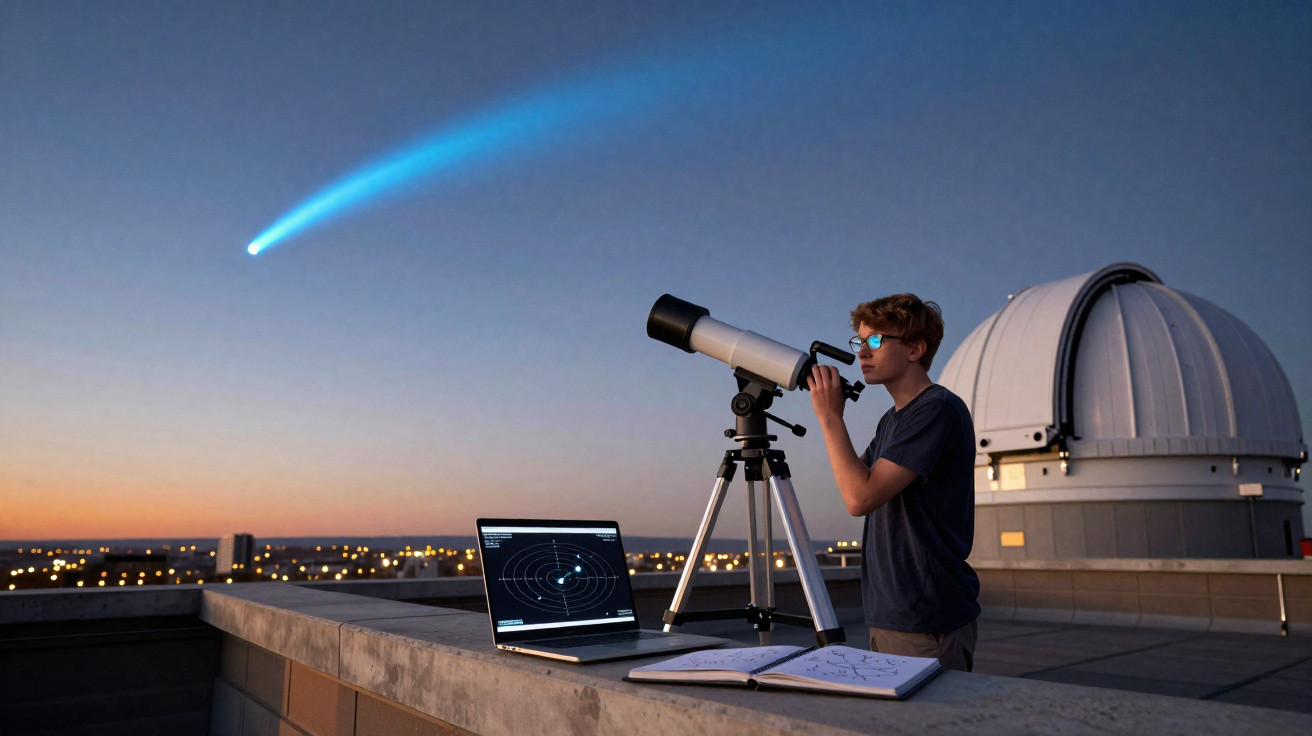 Jovem observa com telescópio no terraço ao pôr do sol, com cometa visível no céu e caderno de notas aberto.