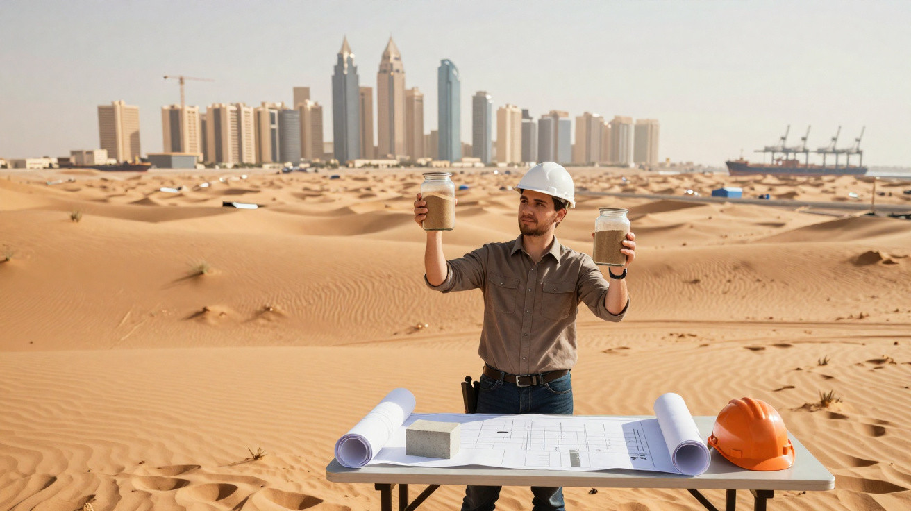 Engenheiro com capacete branco segura amostras de areia no deserto, com mesa de trabalho e arranha-céus ao fundo.