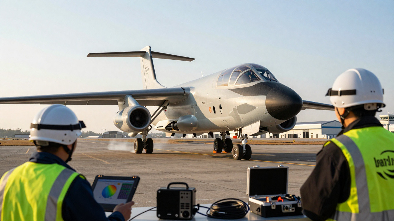 Dois técnicos com capacetes e coletes refletores monitorizam um avião militar branco numa pista de aeroporto.