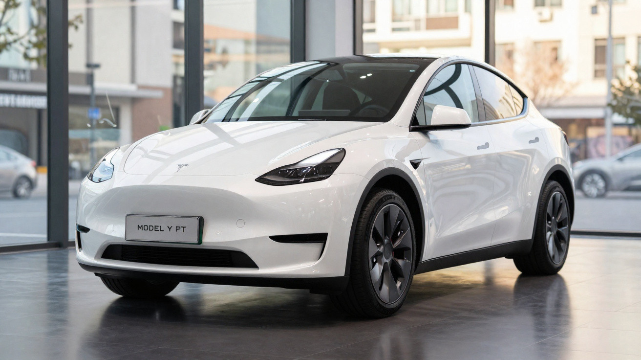 Carro elétrico branco Tesla Model Y em exposição numa sala ampla com grandes janelas de vidro.