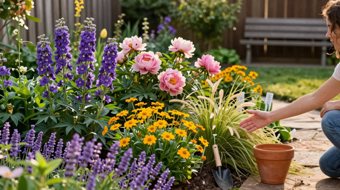 Jardim com diversas flores coloridas e pessoa a cuidar das plantas junto a vasos de barro.