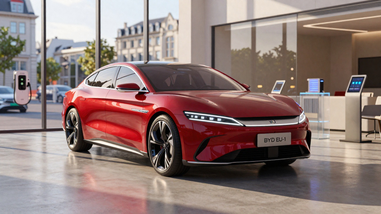 Carro elétrico vermelho BYD EU-1 estacionado em espaço moderno com vidro e mobiliário interior.