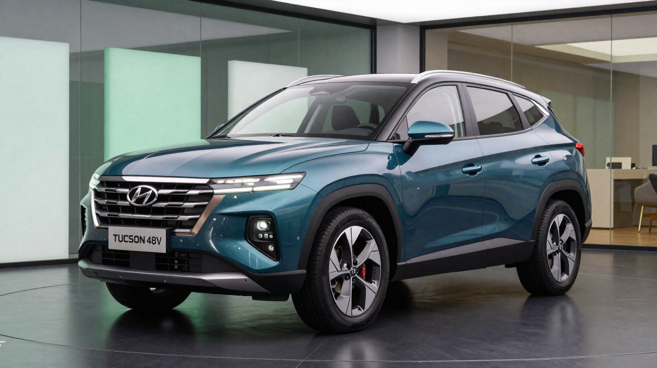 Automóvel SUV Hyundai Tucson 48V azul metálico estacionado em chão preto numa sala branca moderna.