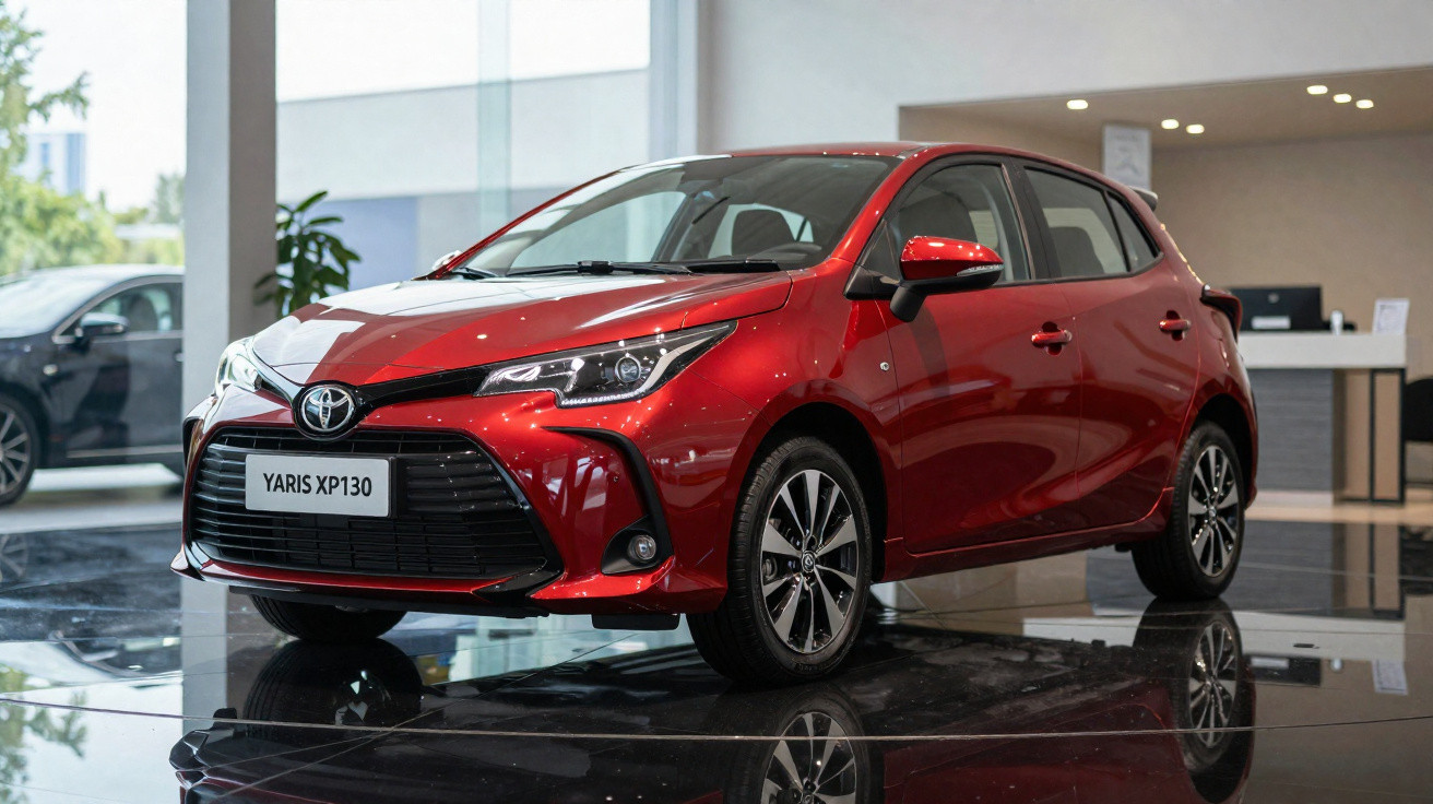 Automóvel Toyota Yaris XP130 vermelho exposto numa sala de venda contemporânea, com reflexos no chão.