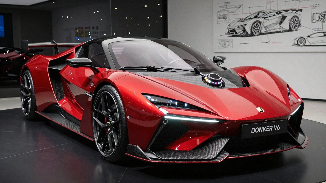 Carro desportivo vermelho Donker V6 estacionado em exposição com luzes ligadas e desenhos de automóveis na parede.