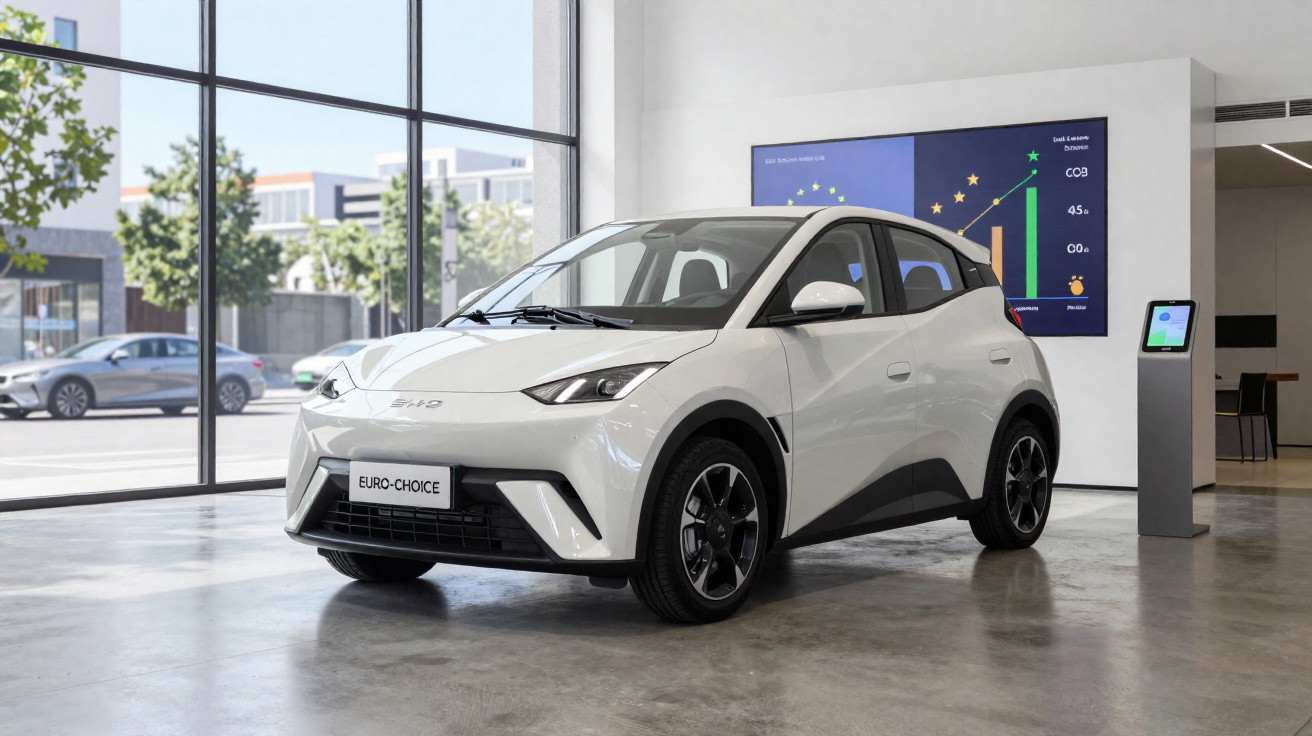 Carro elétrico branco exibido numa sala de showroom moderna com grande janela e gráfico de barras verde na parede.
