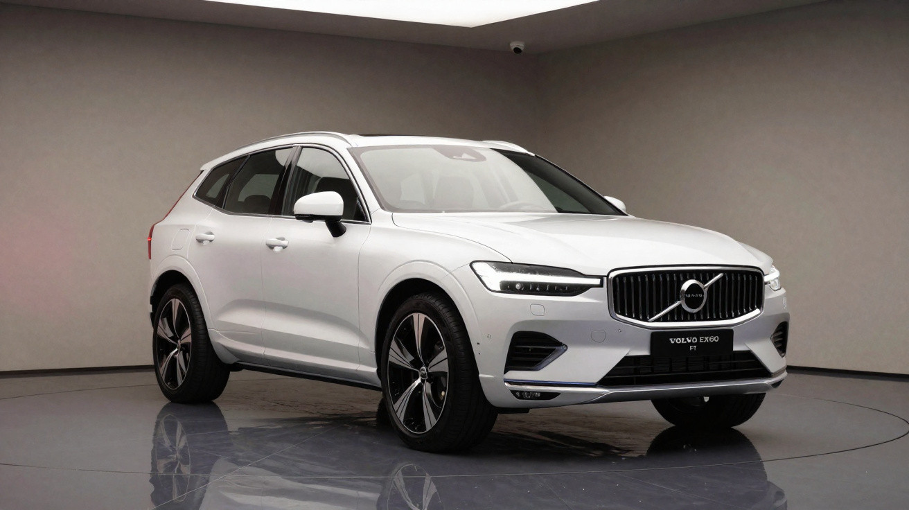 Carro SUV Volvo branco estacionado em ambiente interior minimalista com chão refletor.